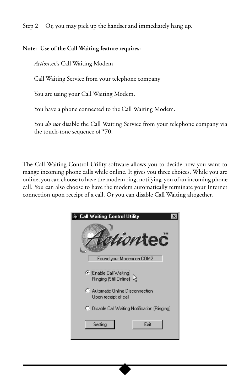 Using the call waiting control utility | Actiontec electronic 56K User Manual | Page 25 / 33