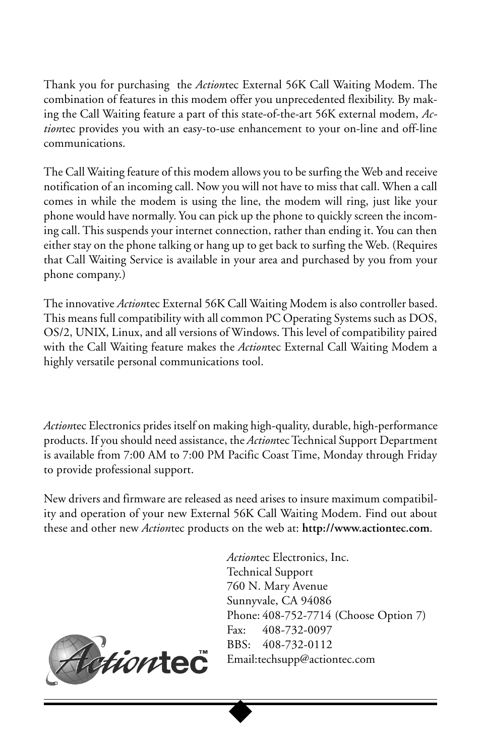 Introduction, Contacting actiontec customer support, Introduction contacting actiontec customer support | Action, Contacting, Tec customer support | Actiontec electronic 56K User Manual | Page 3 / 33