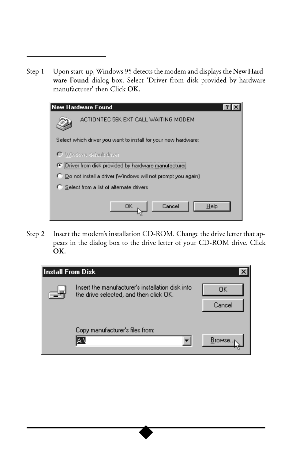 Device driver installation and configuration, Configuring windows 95 | Actiontec electronic 56K User Manual | Page 9 / 33