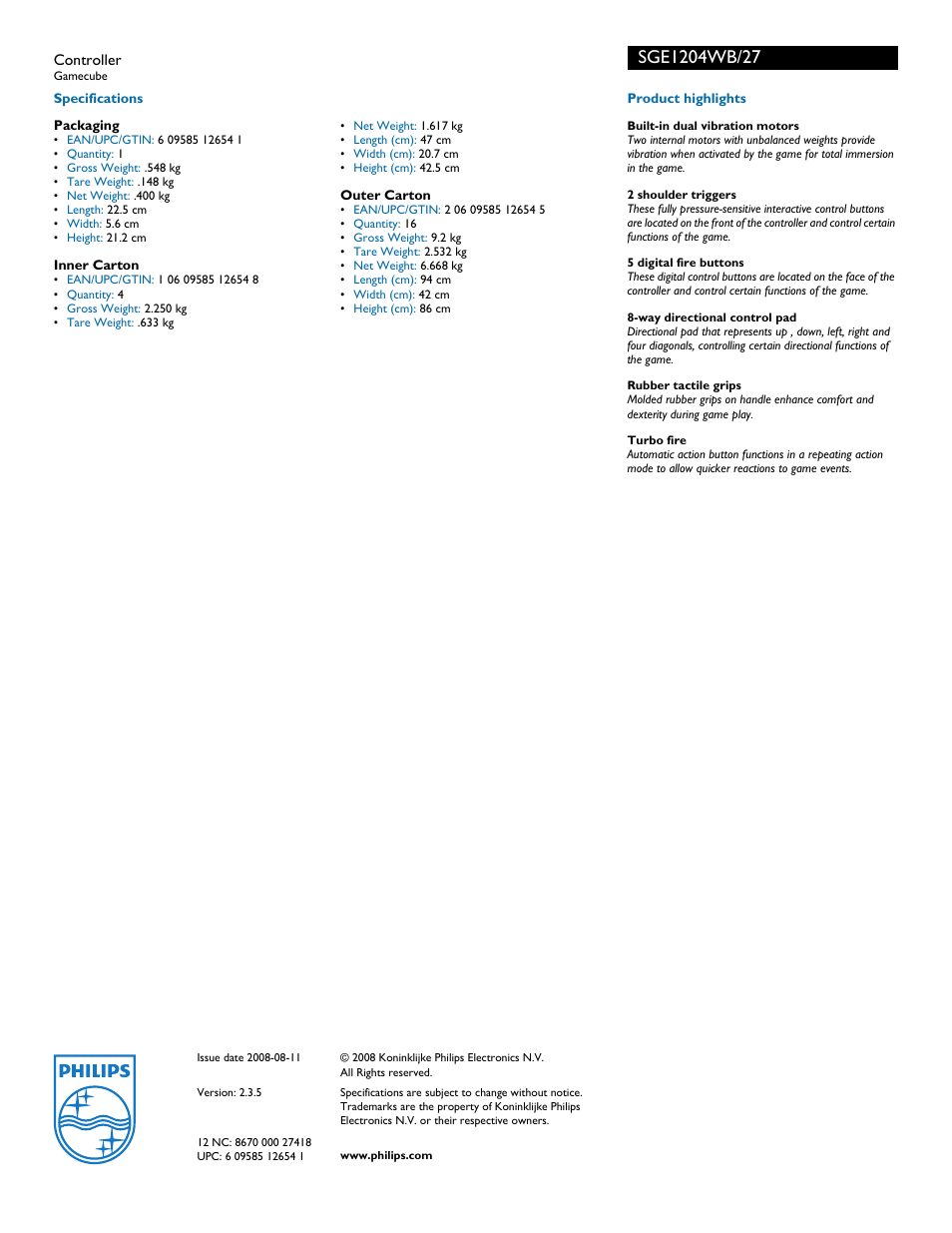 Philips SGE1204WB-27 User Manual | Page 2 / 2