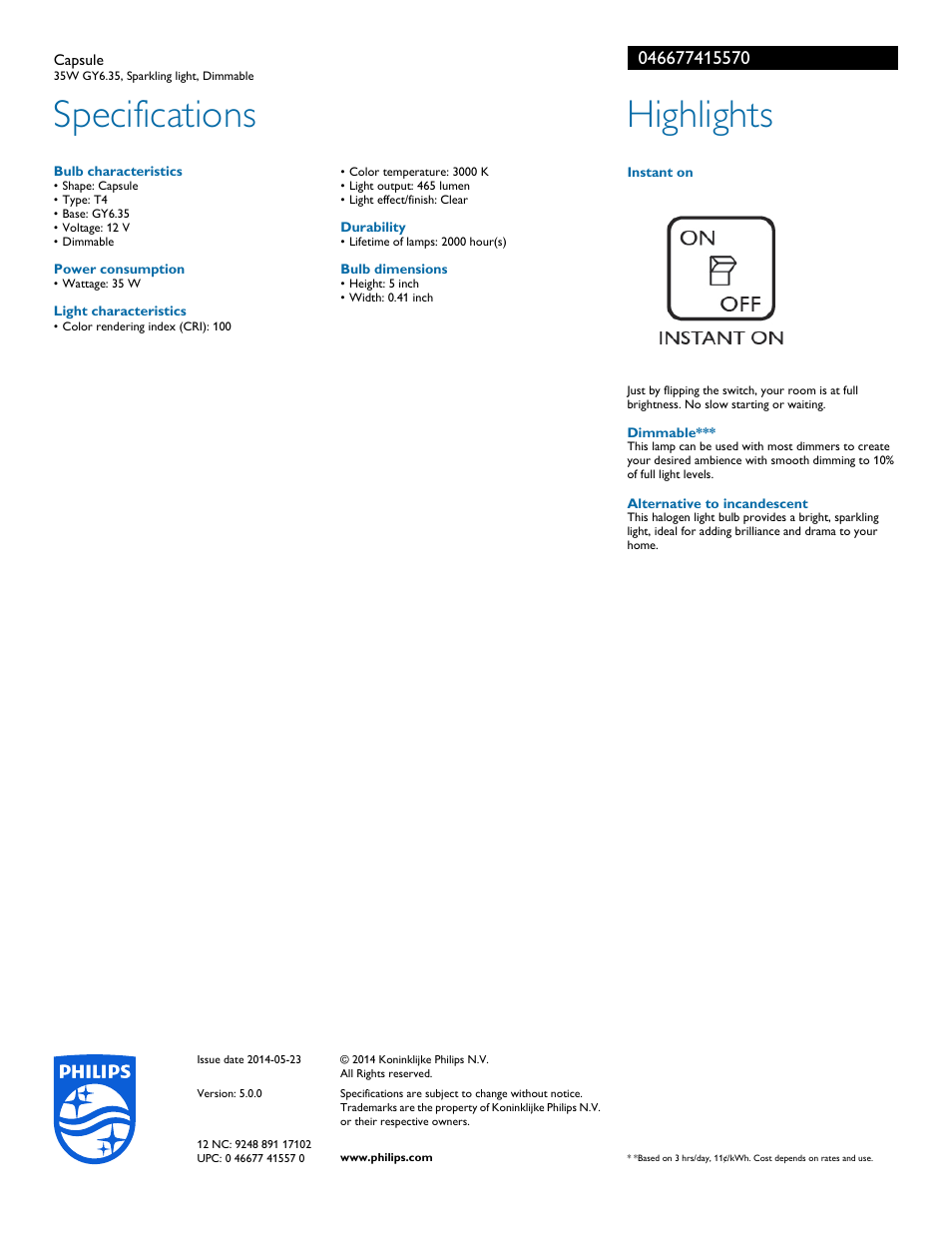 Specifications, Highlights | Philips 046677415570 User Manual | Page 2 / 2