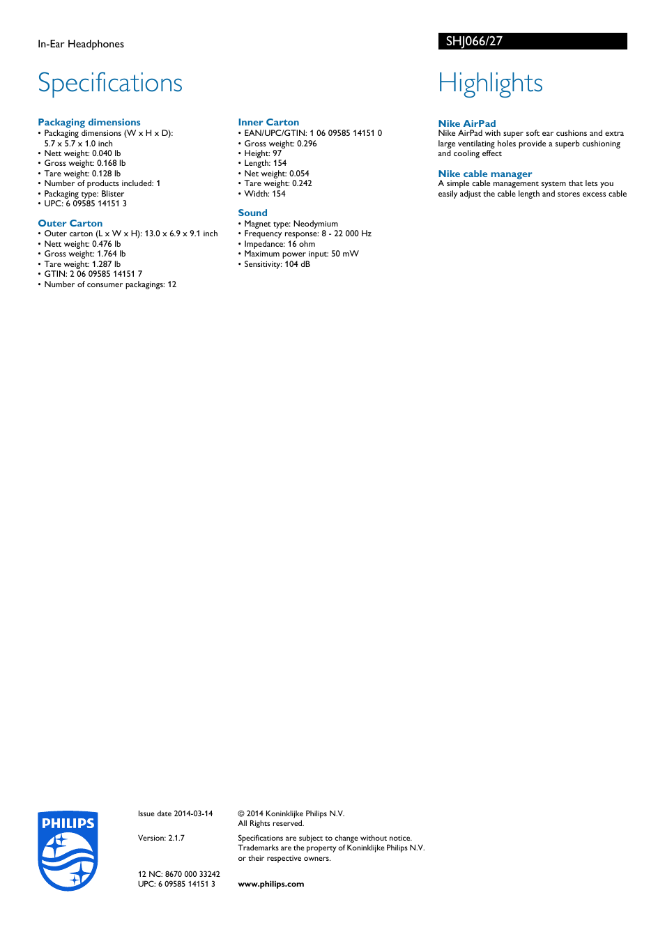 Specifications, Highlights | Philips SHJ066-27 User Manual | Page 2 / 2