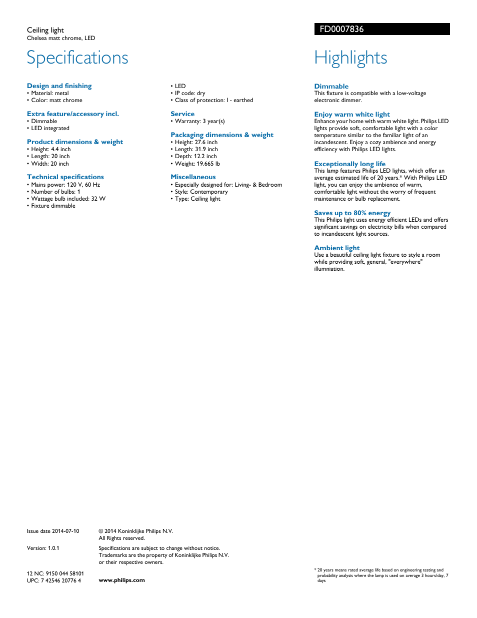 Specifications, Highlights | Philips Forecast Led indoor Ceiling light FD000-78-36 Chelsea matt chrome LED User Manual | Page 2 / 2