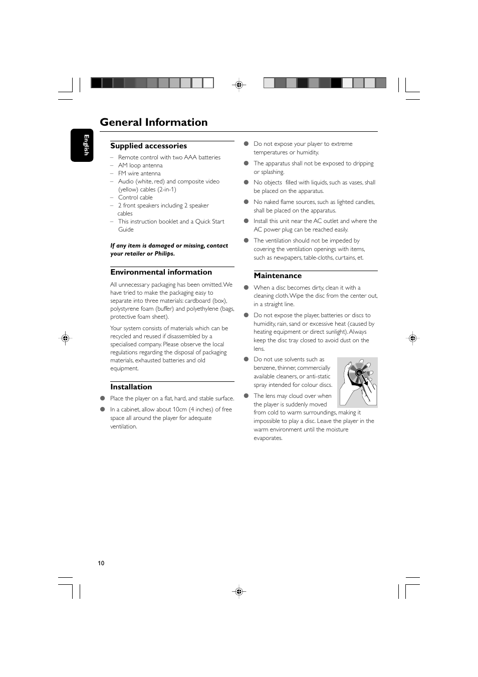 General information, Maintenance, Supplied accessories | Environmental information, Installation | Philips MCD908-37B User Manual | Page 10 / 45