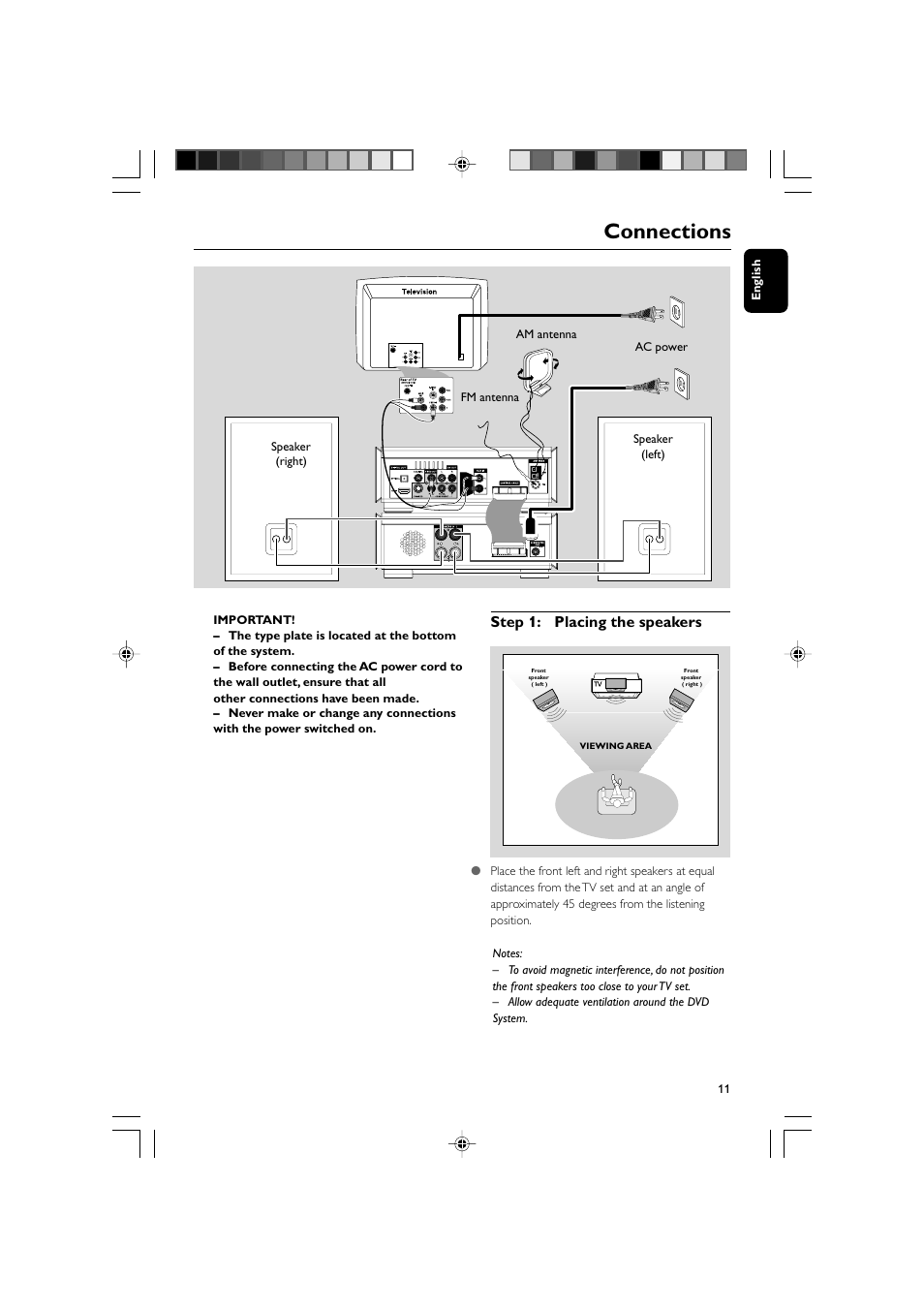 Connections, Step 1: placing the speakers | Philips MCD908-37B User Manual | Page 11 / 45