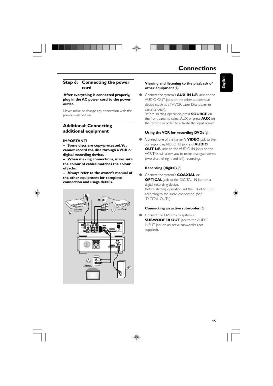 Connections, Step 6: connecting the power cord, Additional: connecting additional equipment | Philips MCD908-37B User Manual | Page 15 / 45