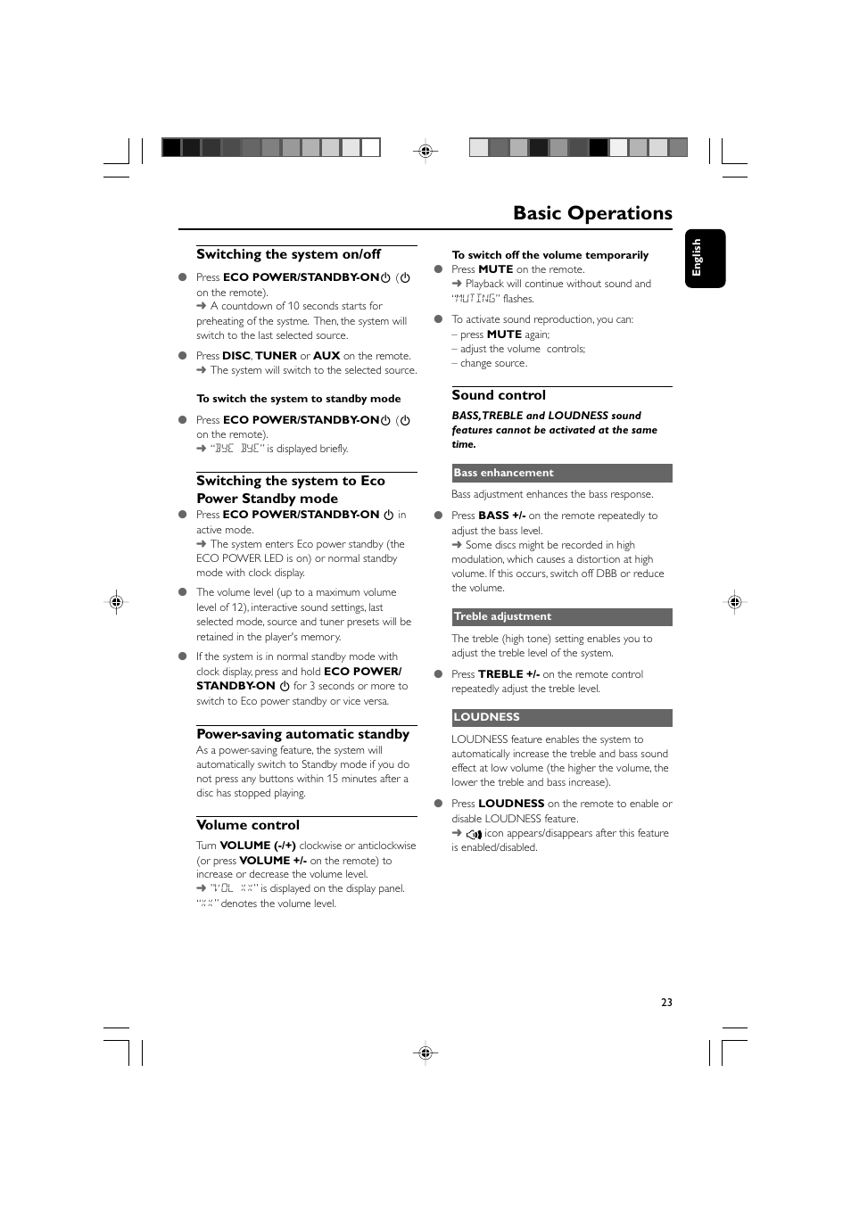 Basic operations, Switching the system on/off, Switching the system to eco power standby mode | Power-saving automatic standby, Volume control, Sound control | Philips MCD908-37B User Manual | Page 23 / 45