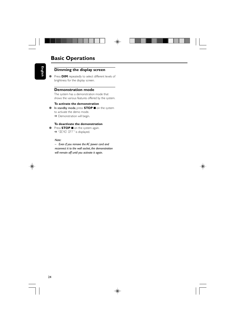 Basic operations, Dimming the display screen, Demonstration mode | Philips MCD908-37B User Manual | Page 24 / 45