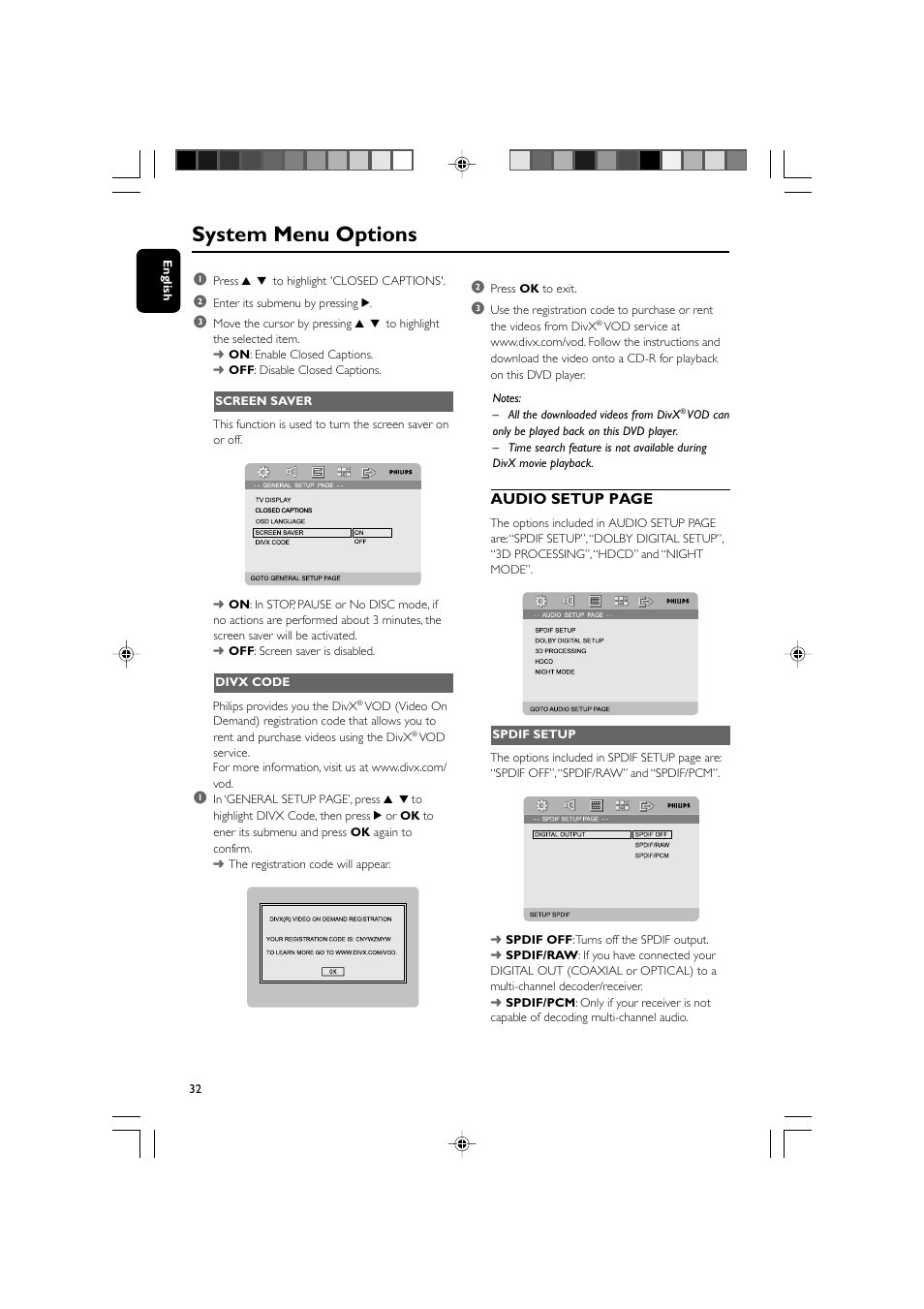System menu options, Audio setup page | Philips MCD908-37B User Manual | Page 32 / 45