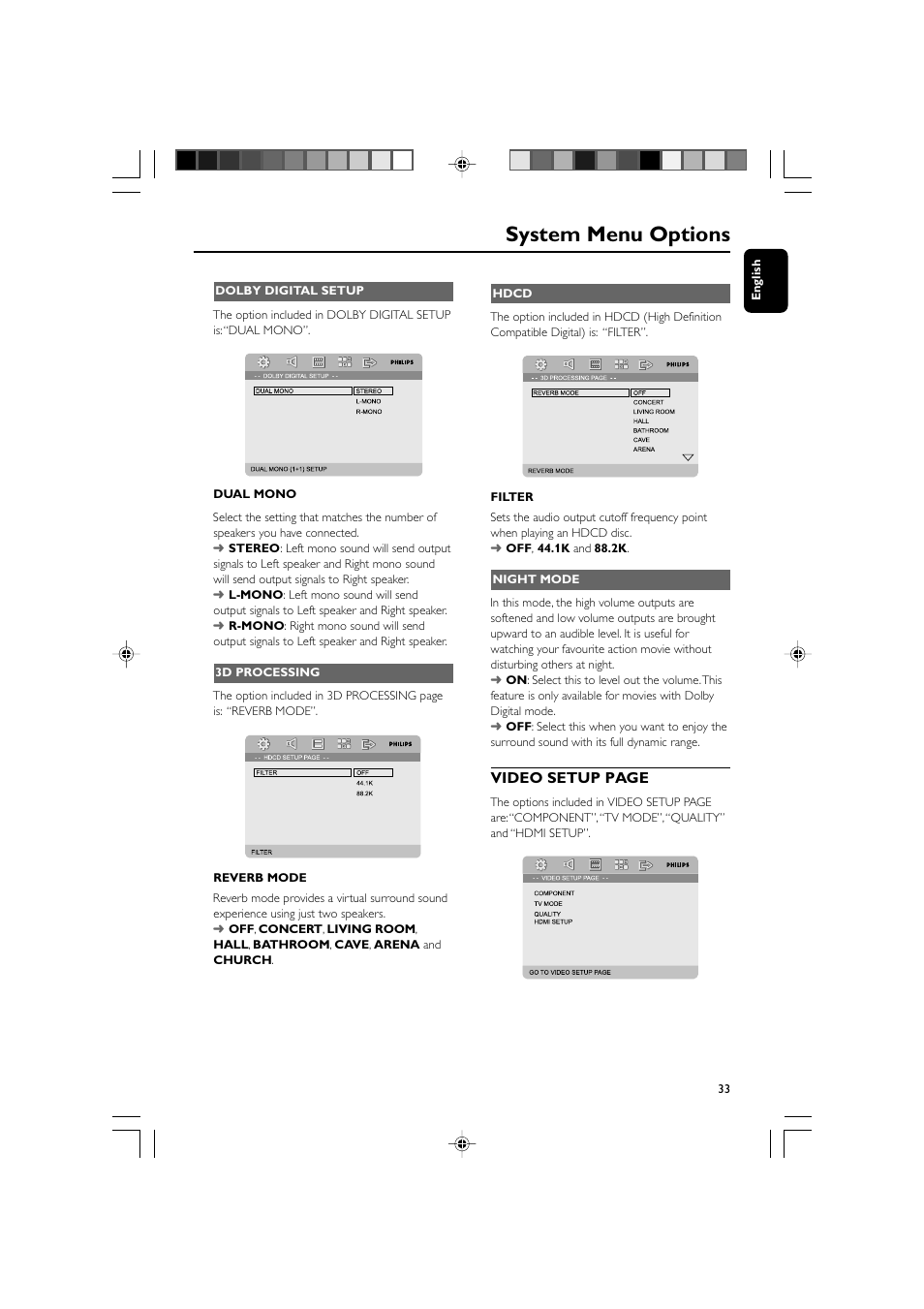 System menu options, Video setup page | Philips MCD908-37B User Manual | Page 33 / 45