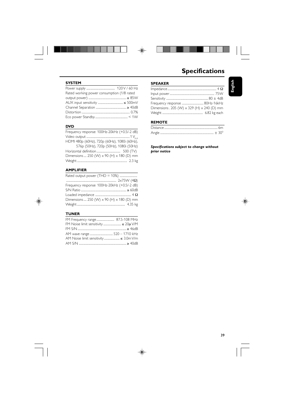 Specifications | Philips MCD908-37B User Manual | Page 39 / 45