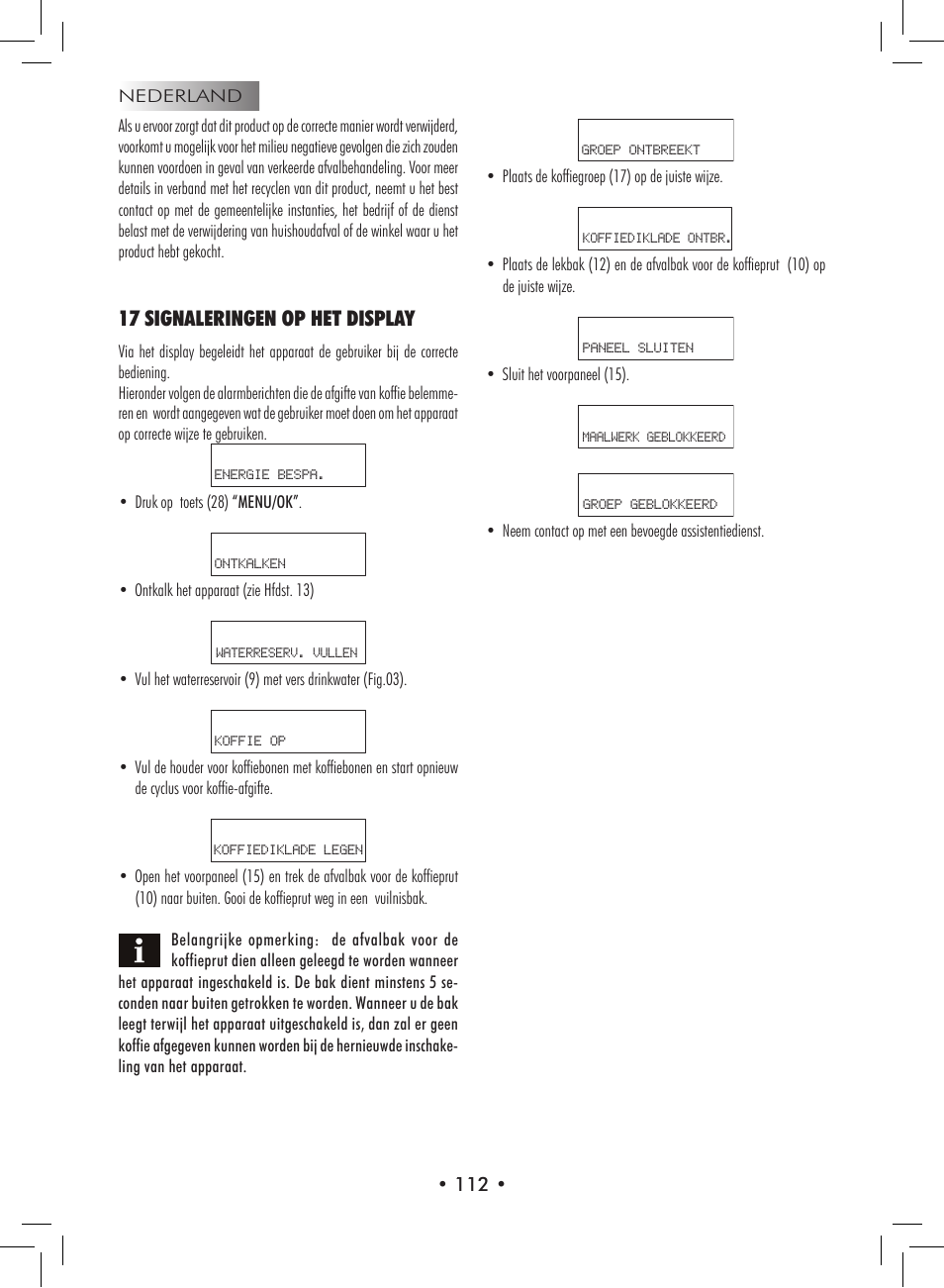 17 signaleringen op het display | Philips 9314SC0B0119 User Manual | Page 112 / 132