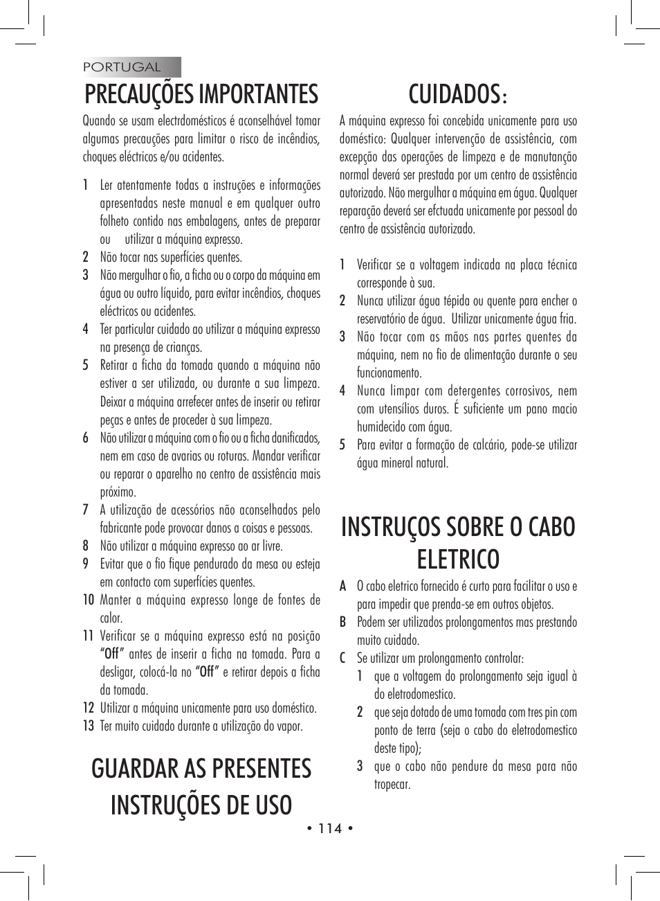 Precauções importantes, Guardar as presentes instruções de uso cuidados, Instruços sobre o cabo eletrico | Philips 9314SC0B0119 User Manual | Page 114 / 132