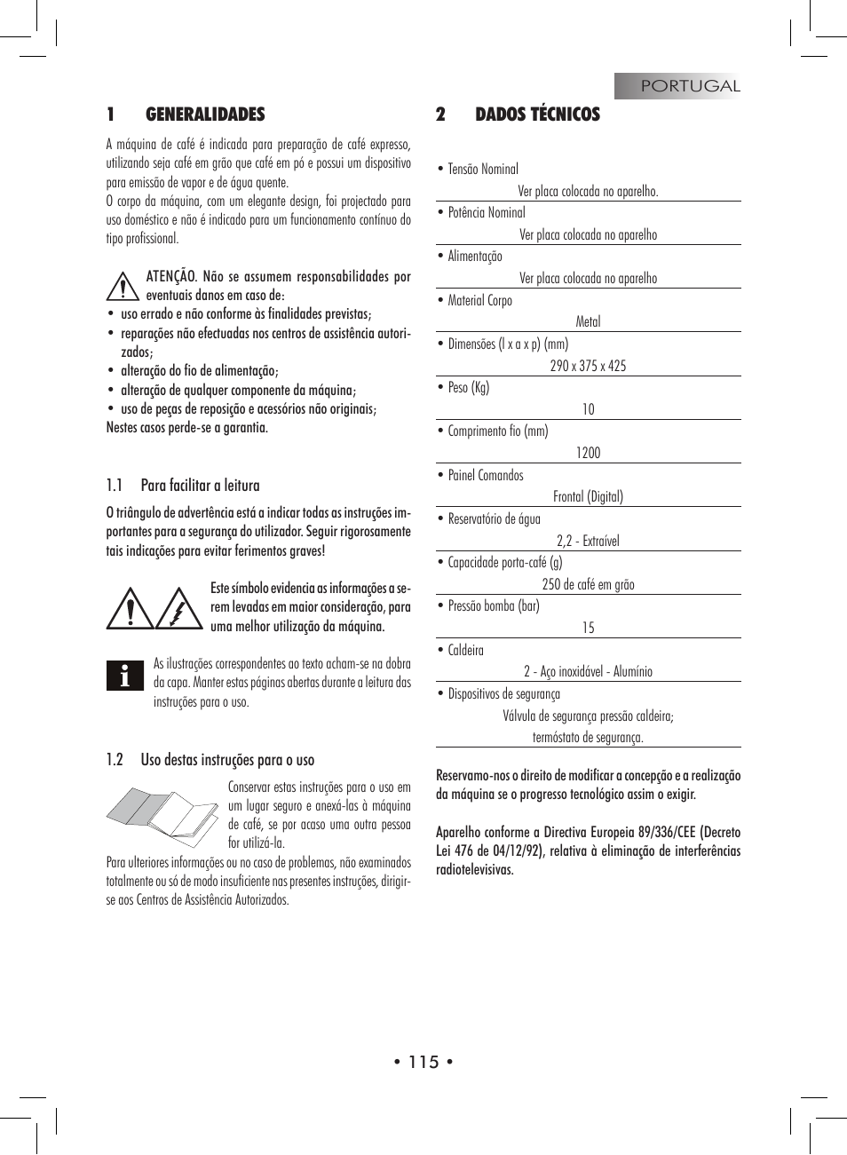 1generalidades, 2dados técnicos | Philips 9314SC0B0119 User Manual | Page 115 / 132