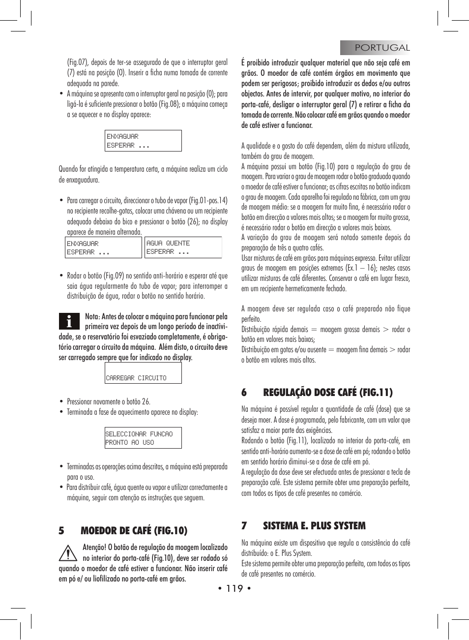 5moedor de café (fig.10), 6regulação dose café (fig.11), 7sistema e. plus system | Philips 9314SC0B0119 User Manual | Page 119 / 132