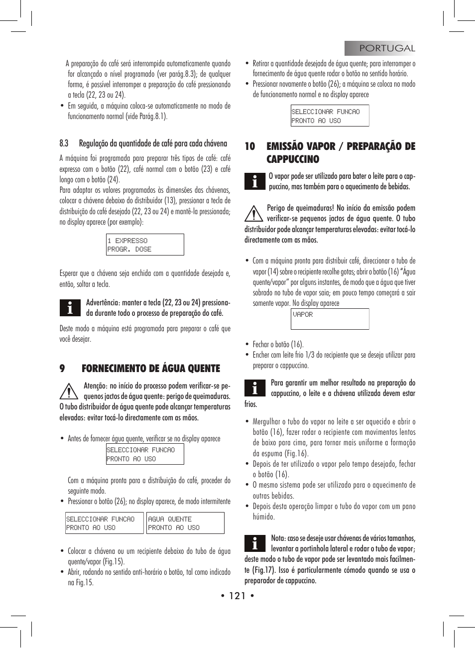 9fornecimento de água quente, 10 emissão vapor / preparação de cappuccino | Philips 9314SC0B0119 User Manual | Page 121 / 132