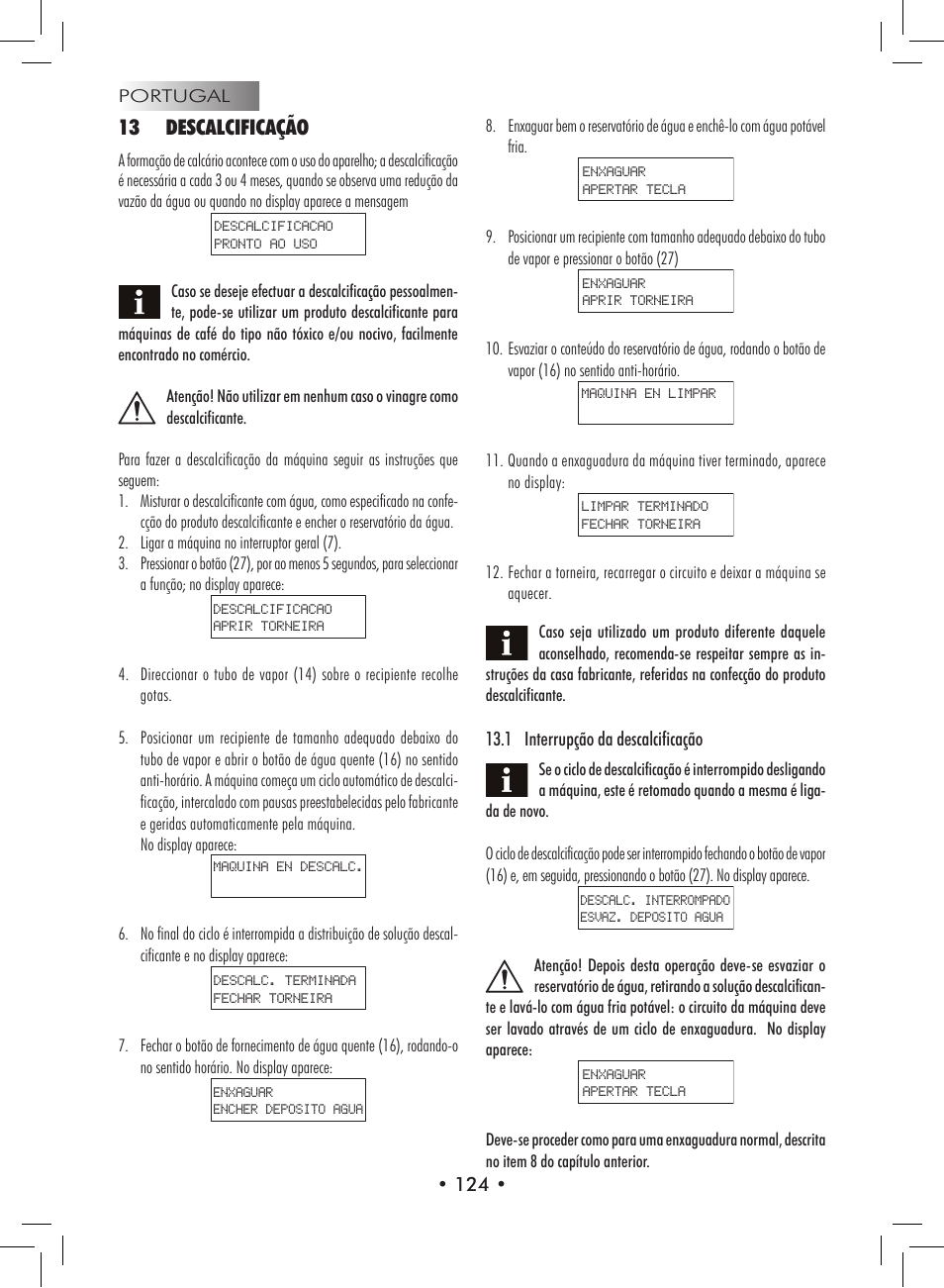 13 descalcificação | Philips 9314SC0B0119 User Manual | Page 124 / 132