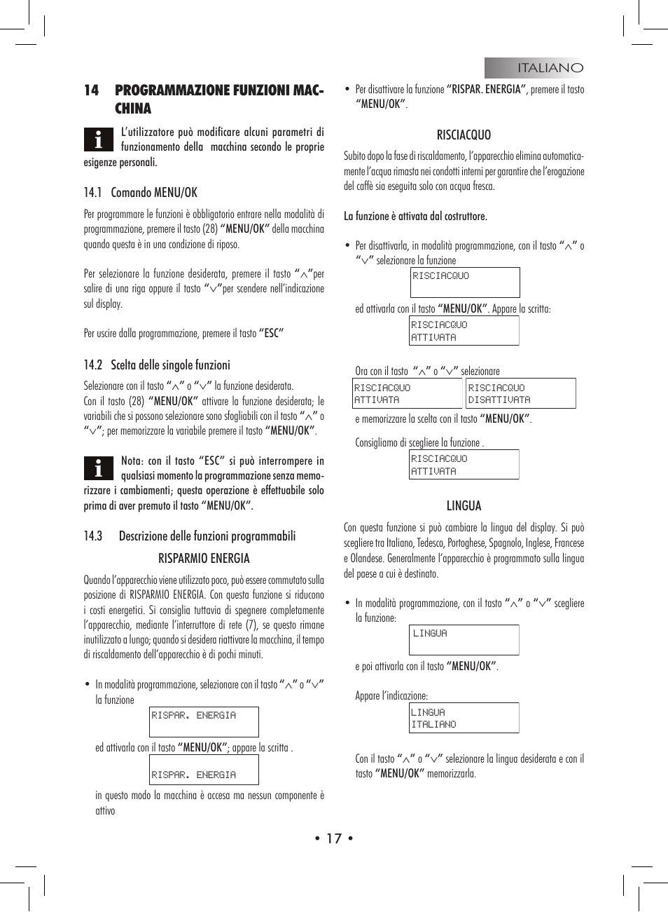 14 programmazione funzioni mac- china | Philips 9314SC0B0119 User Manual | Page 17 / 132