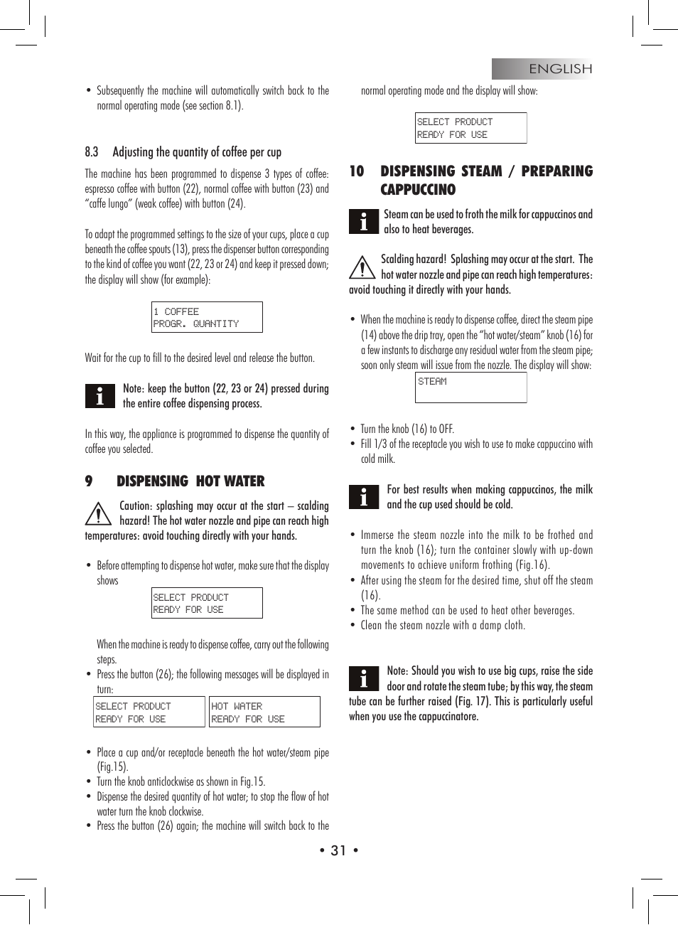 9dispensing hot water, 10 dispensing steam / preparing cappuccino | Philips 9314SC0B0119 User Manual | Page 31 / 132