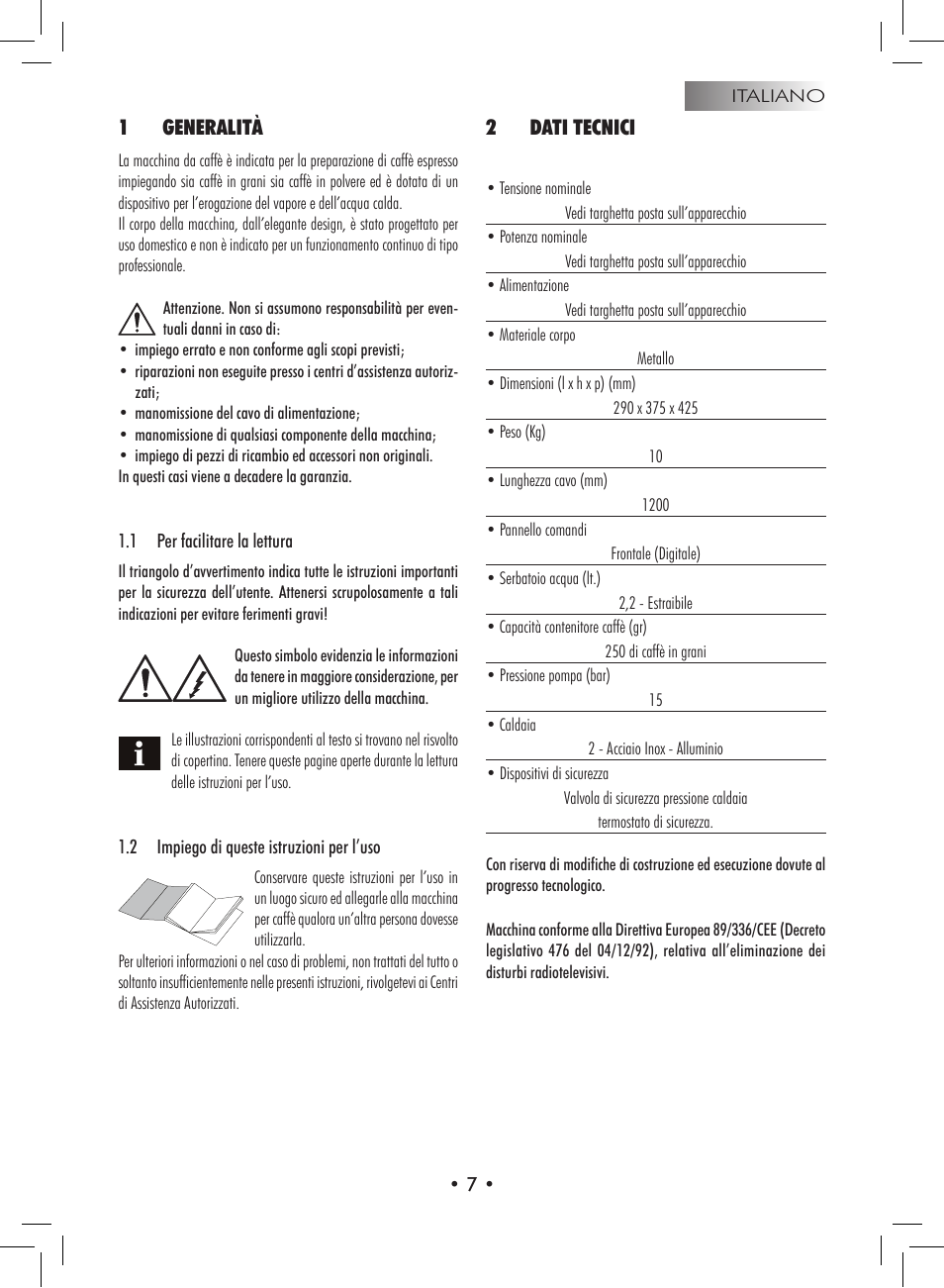 1generalità, 2dati tecnici | Philips 9314SC0B0119 User Manual | Page 7 / 132