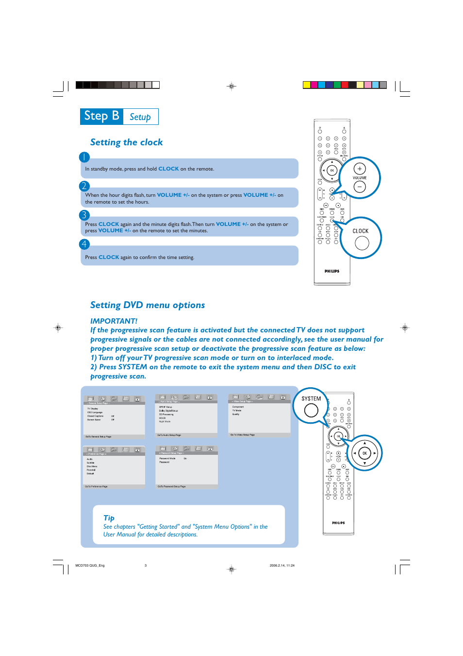Setting the clock 1 2 3 4, Setting dvd menu options | Philips MCD703-37B User Manual | Page 3 / 4