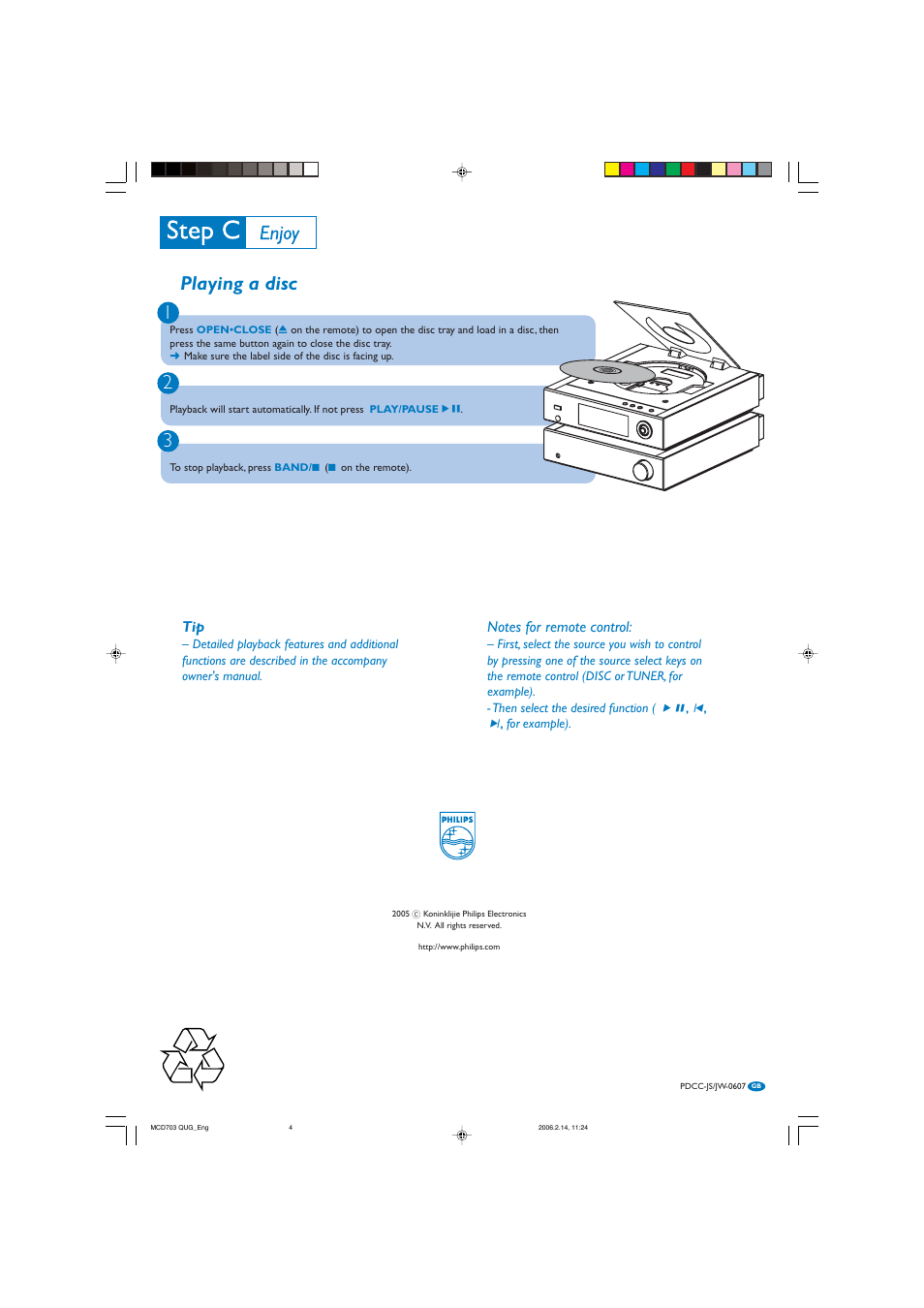 Playing a disc | Philips MCD703-37B User Manual | Page 4 / 4