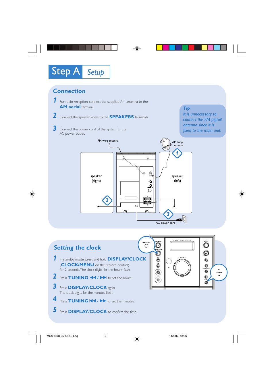 Connection, Setting the clock | Philips MCM196D-37 User Manual | Page 2 / 4