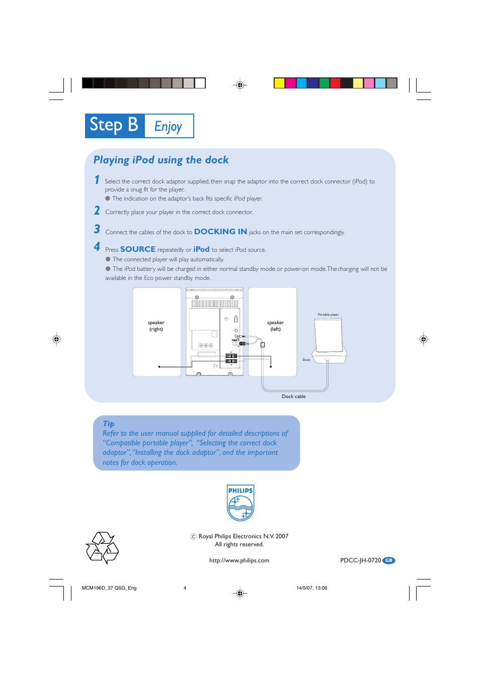 Playing ipod using the dock, Docking in, Source | Ipod | Philips MCM196D-37 User Manual | Page 4 / 4