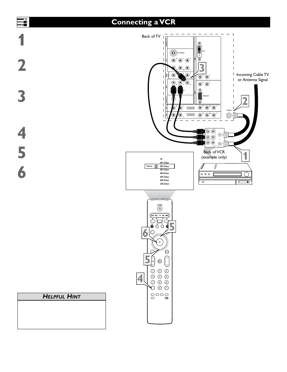 Connecting a vcr, Elpful | Philips 55" projection TV User Manual | Page 10 / 80