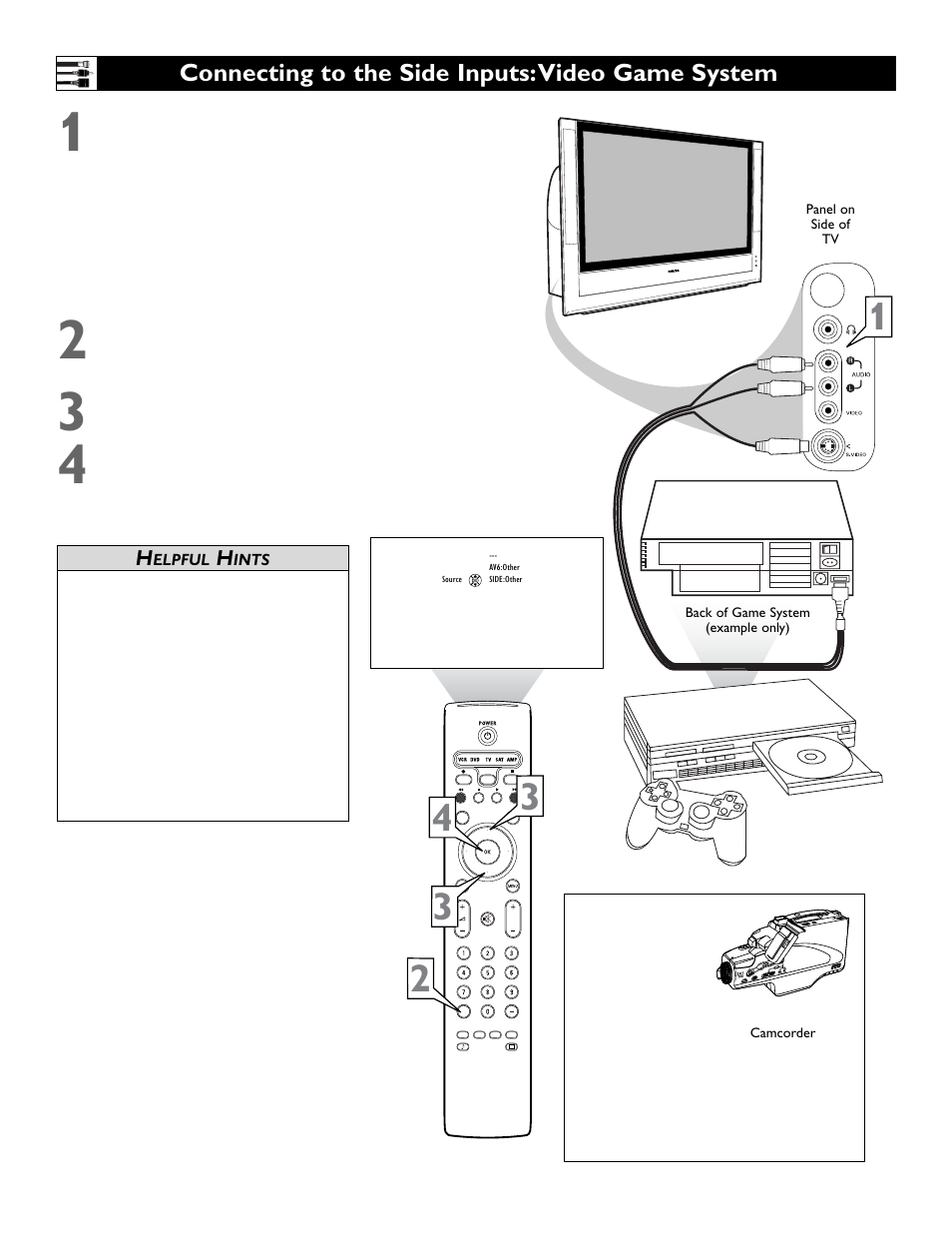 Connecting to the side inputs:video game system | Philips 55" projection TV User Manual | Page 18 / 80