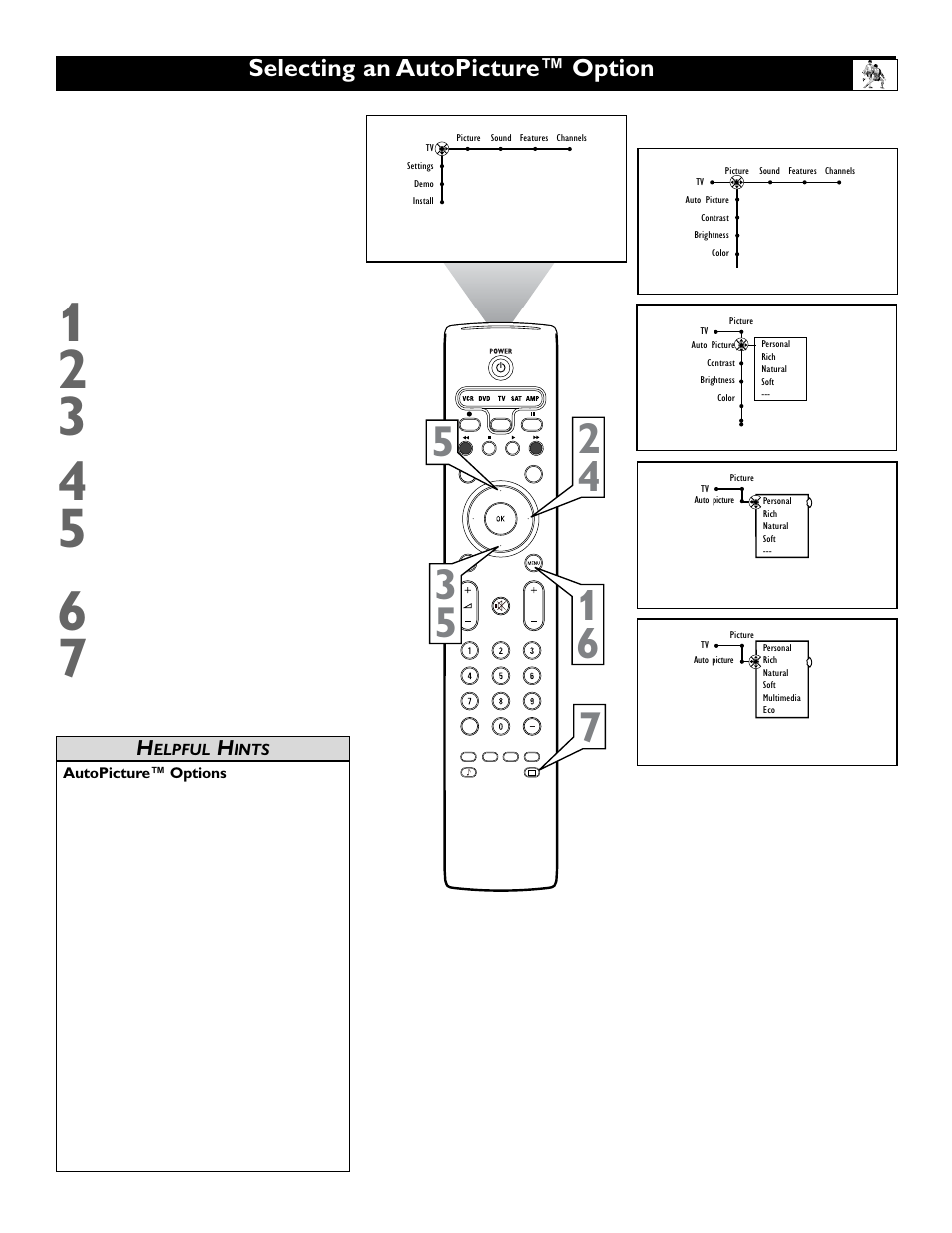 Selecting an autopicture™ option | Philips 55" projection TV User Manual | Page 29 / 80