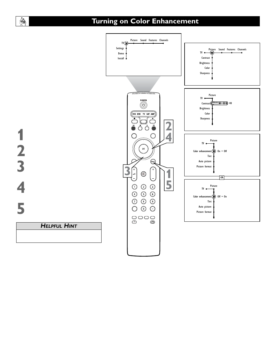 Turning on color enhancement | Philips 55" projection TV User Manual | Page 34 / 80