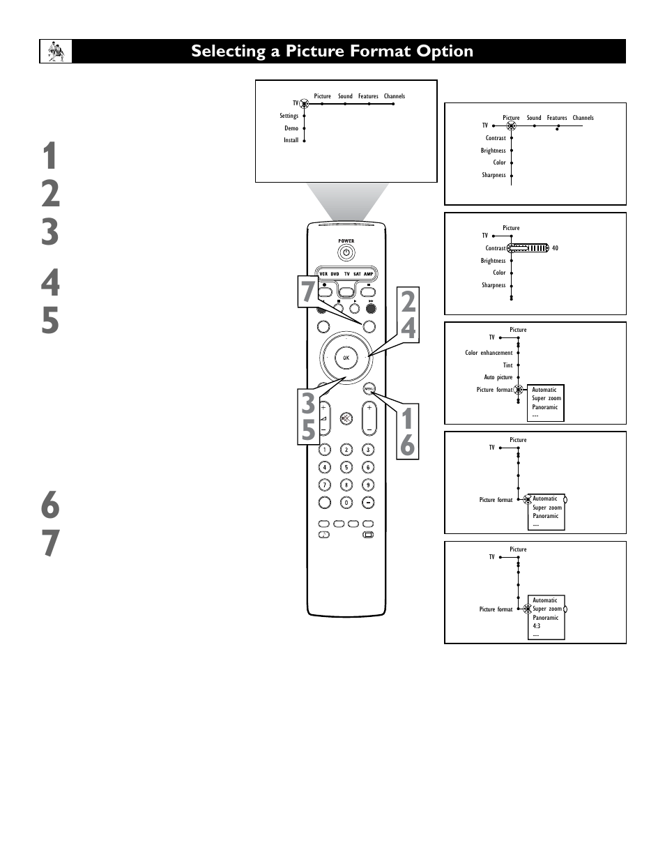 Selecting a picture format option | Philips 55" projection TV User Manual | Page 36 / 80