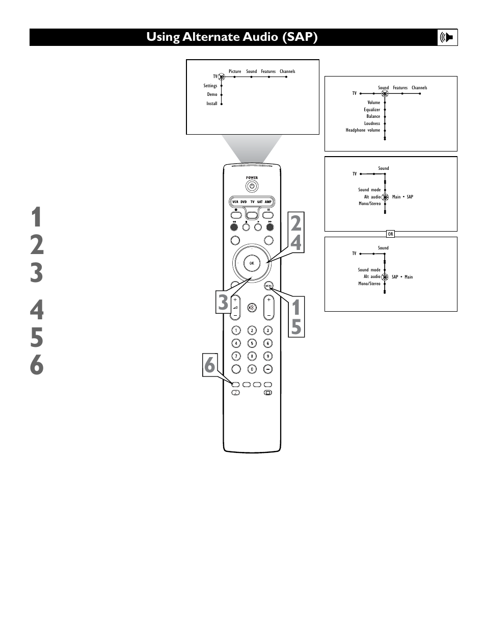 Using alternate audio (sap) | Philips 55" projection TV User Manual | Page 43 / 80