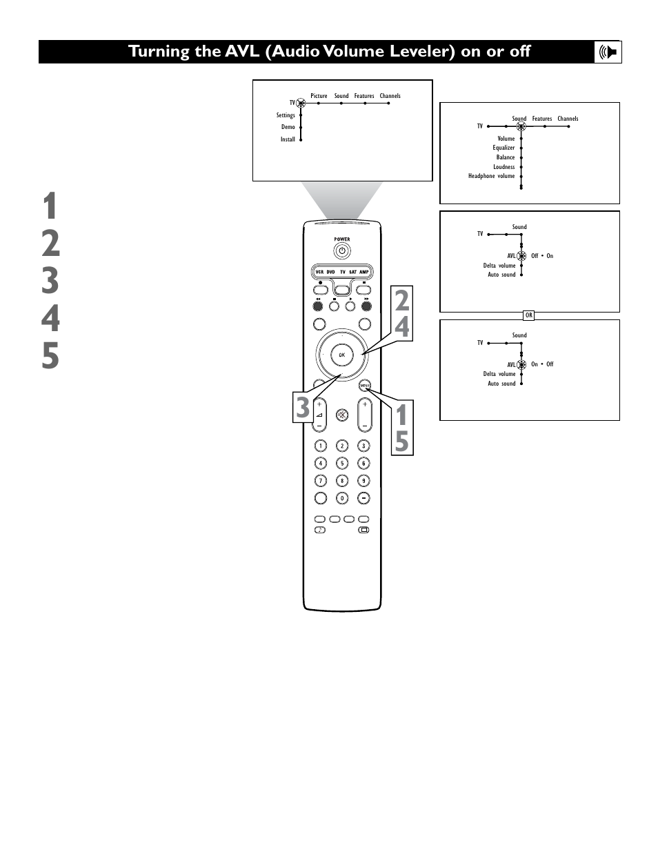 Turning the avl (audio volume leveler) on or off | Philips 55" projection TV User Manual | Page 45 / 80