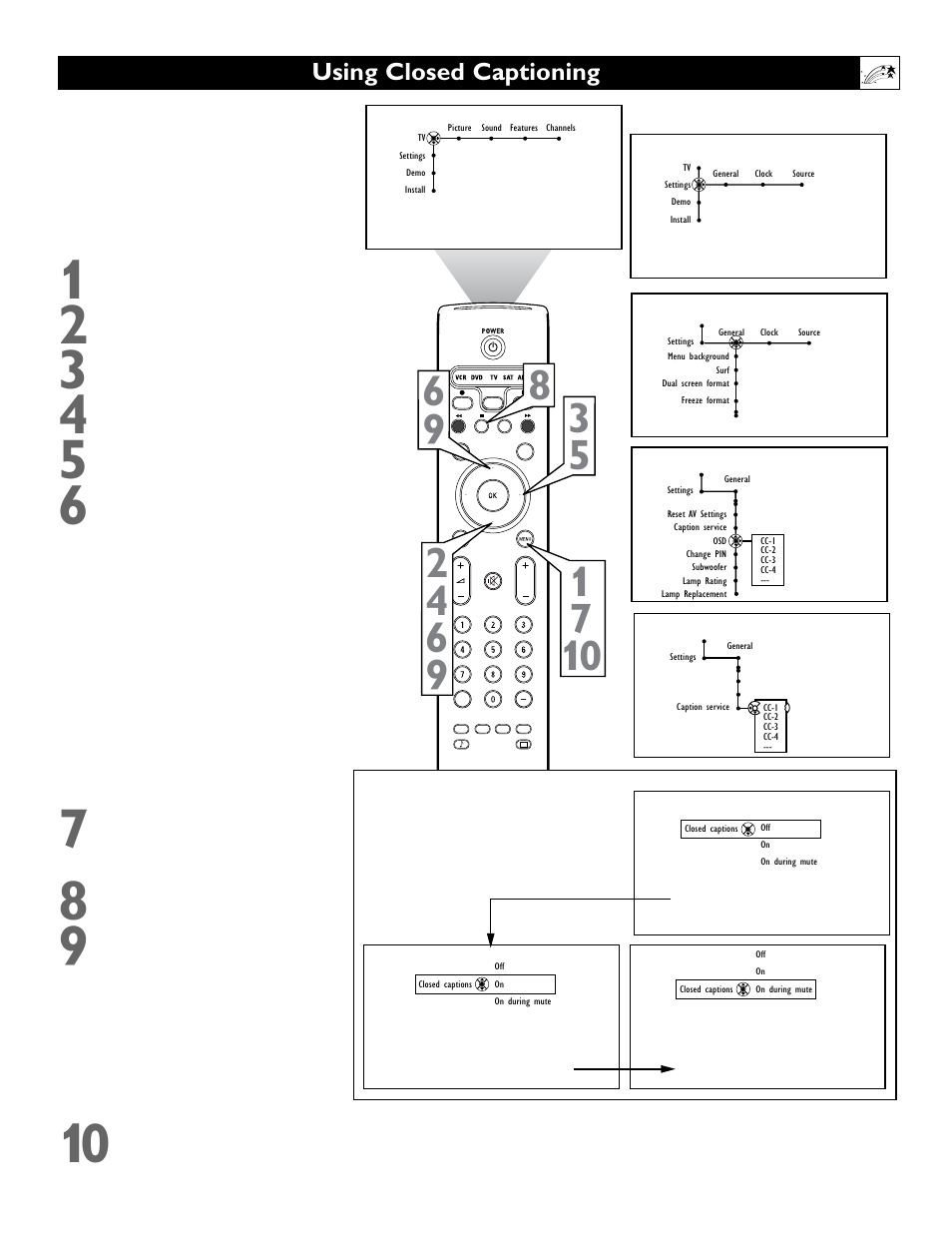 Using closed captioning | Philips 55" projection TV User Manual | Page 47 / 80