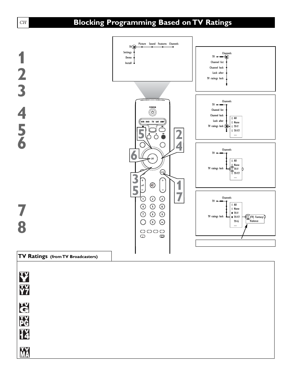 Blocking programming based on tv ratings | Philips 55" projection TV User Manual | Page 54 / 80