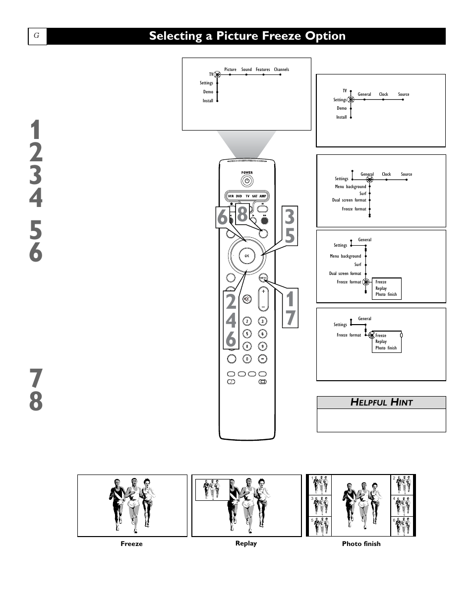 Selecting a picture freeze option | Philips 55" projection TV User Manual | Page 60 / 80