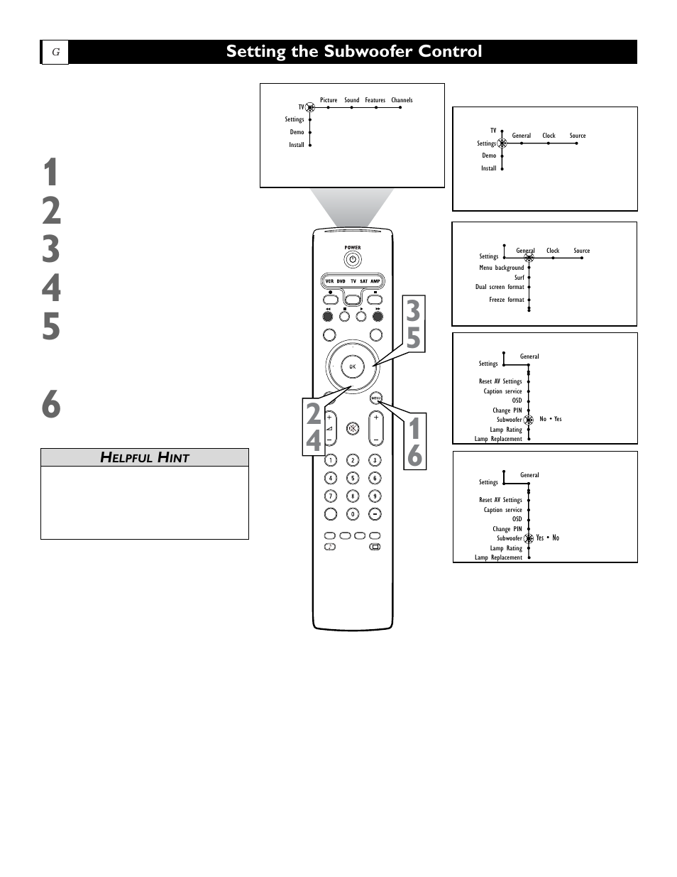 Setting the subwoofer control | Philips 55" projection TV User Manual | Page 64 / 80