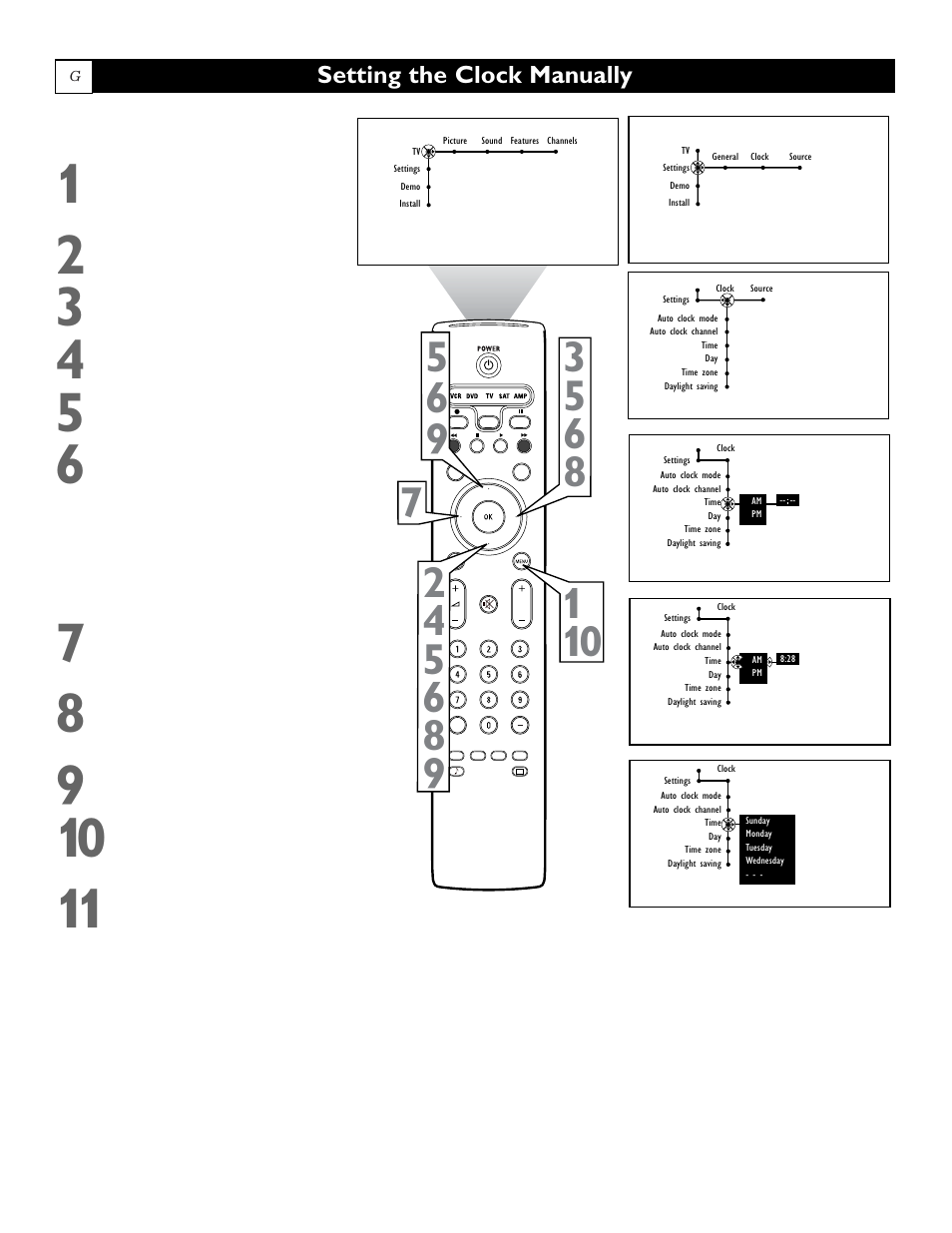 Setting the clock manually | Philips 55" projection TV User Manual | Page 66 / 80