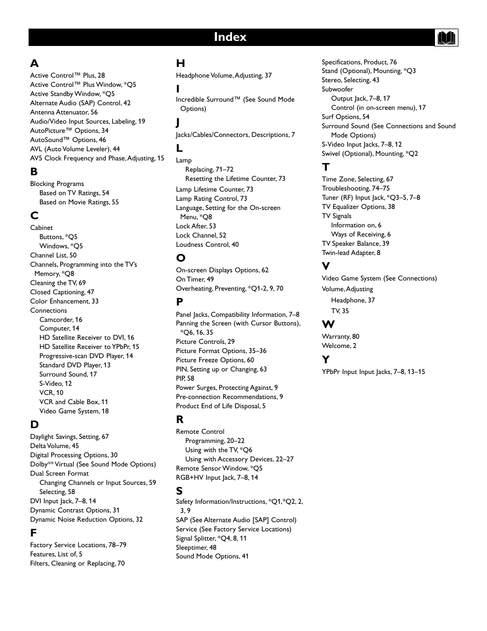 Index | Philips 55" projection TV User Manual | Page 77 / 80