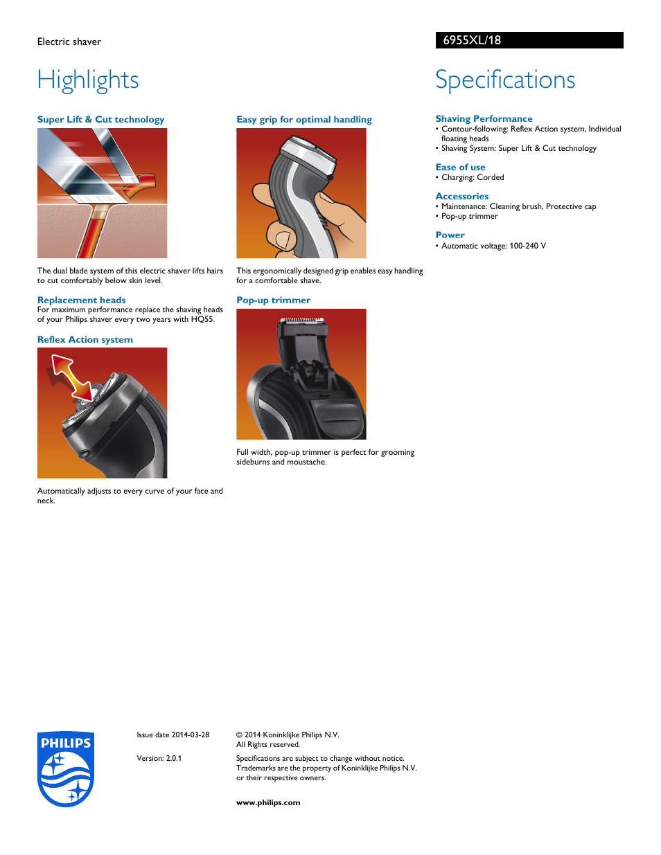 Highlights, Specifications | Philips 6955XL-18 User Manual | Page 2 / 2