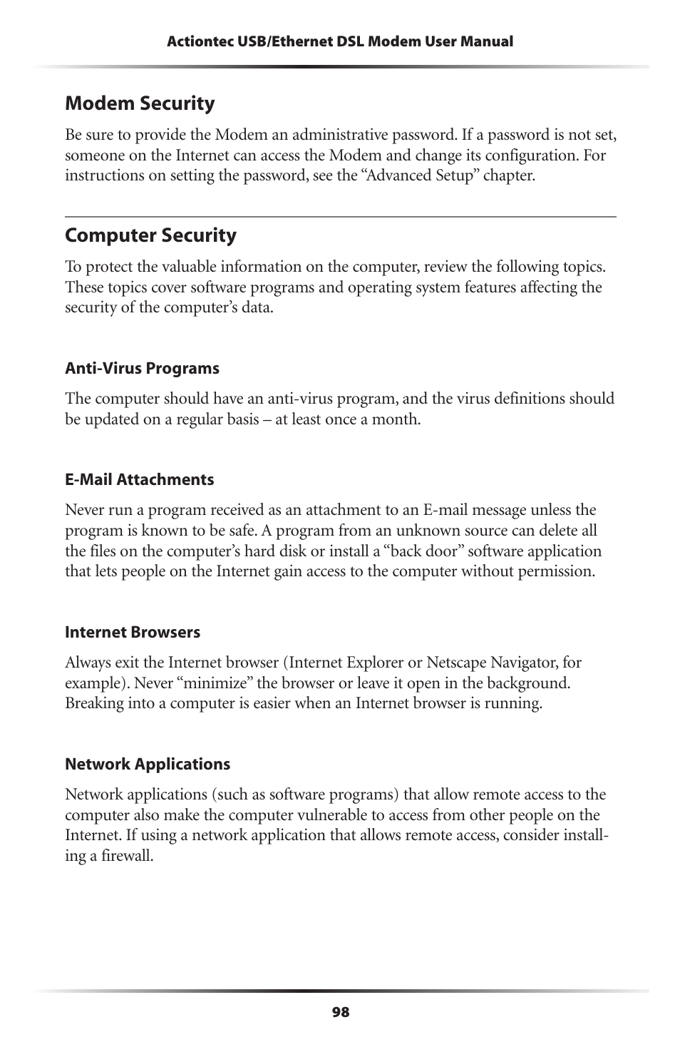 Modem security, Computer security, 98 computer security | Actiontec electronic GT701A User Manual | Page 101 / 119