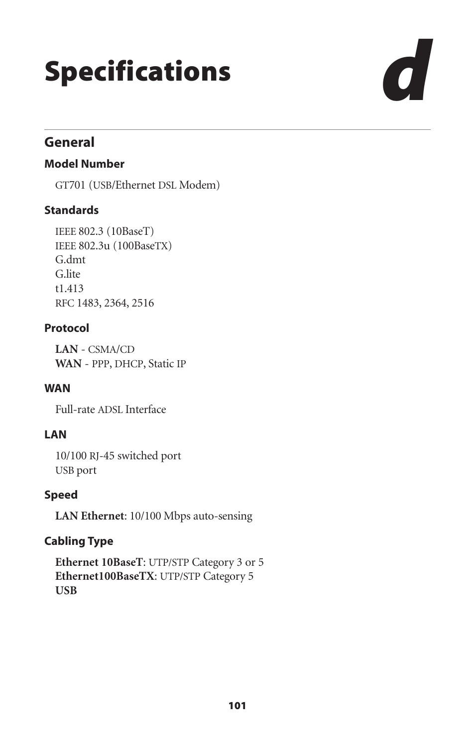 Specifications, General | Actiontec electronic GT701A User Manual | Page 104 / 119