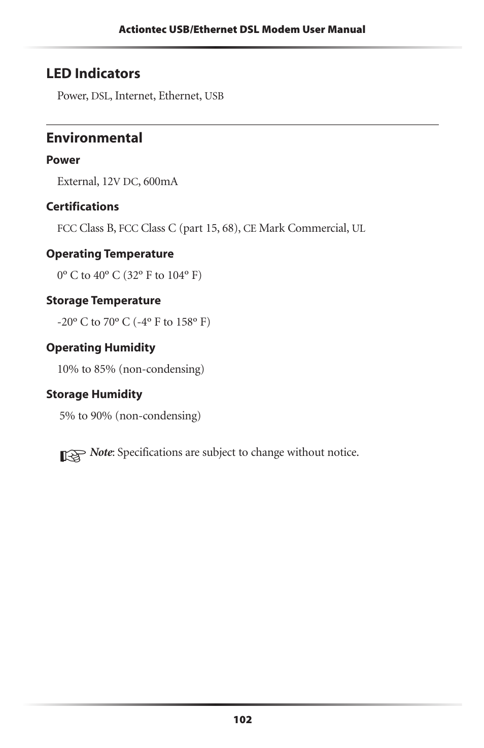 Led indicators, Environmental, 102 environmental | Actiontec electronic GT701A User Manual | Page 105 / 119