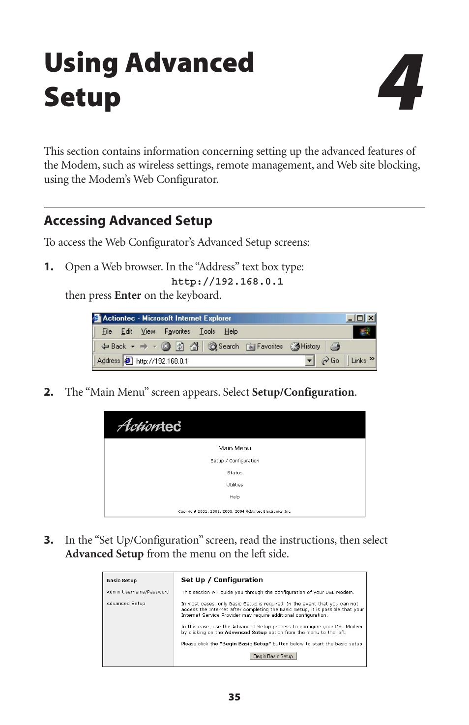 Using advanced setup, Accessing advanced setup | Actiontec electronic GT701A User Manual | Page 38 / 119