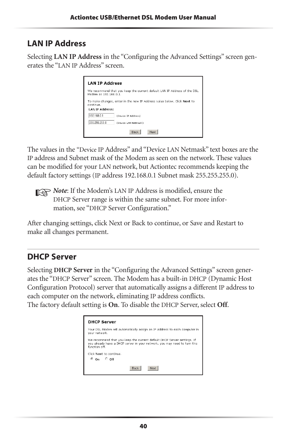 Lan ip address, Dhcp server, 40 dhcp server | Actiontec electronic GT701A User Manual | Page 43 / 119