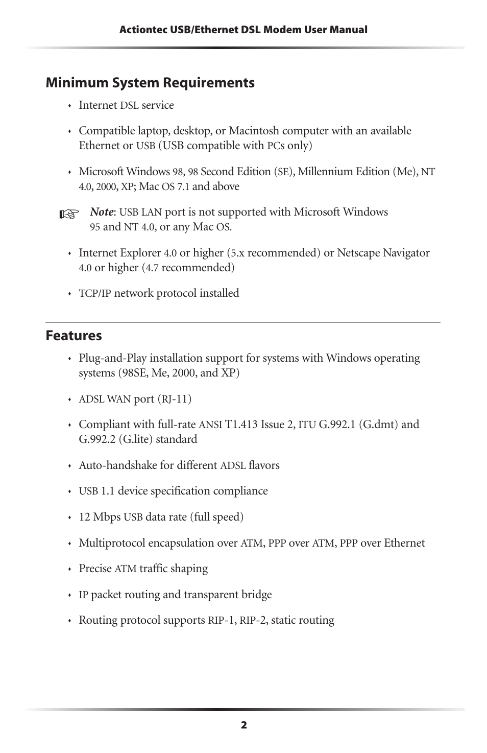 Minimum system requirements, Features, 2 features | Actiontec electronic GT701A User Manual | Page 5 / 119