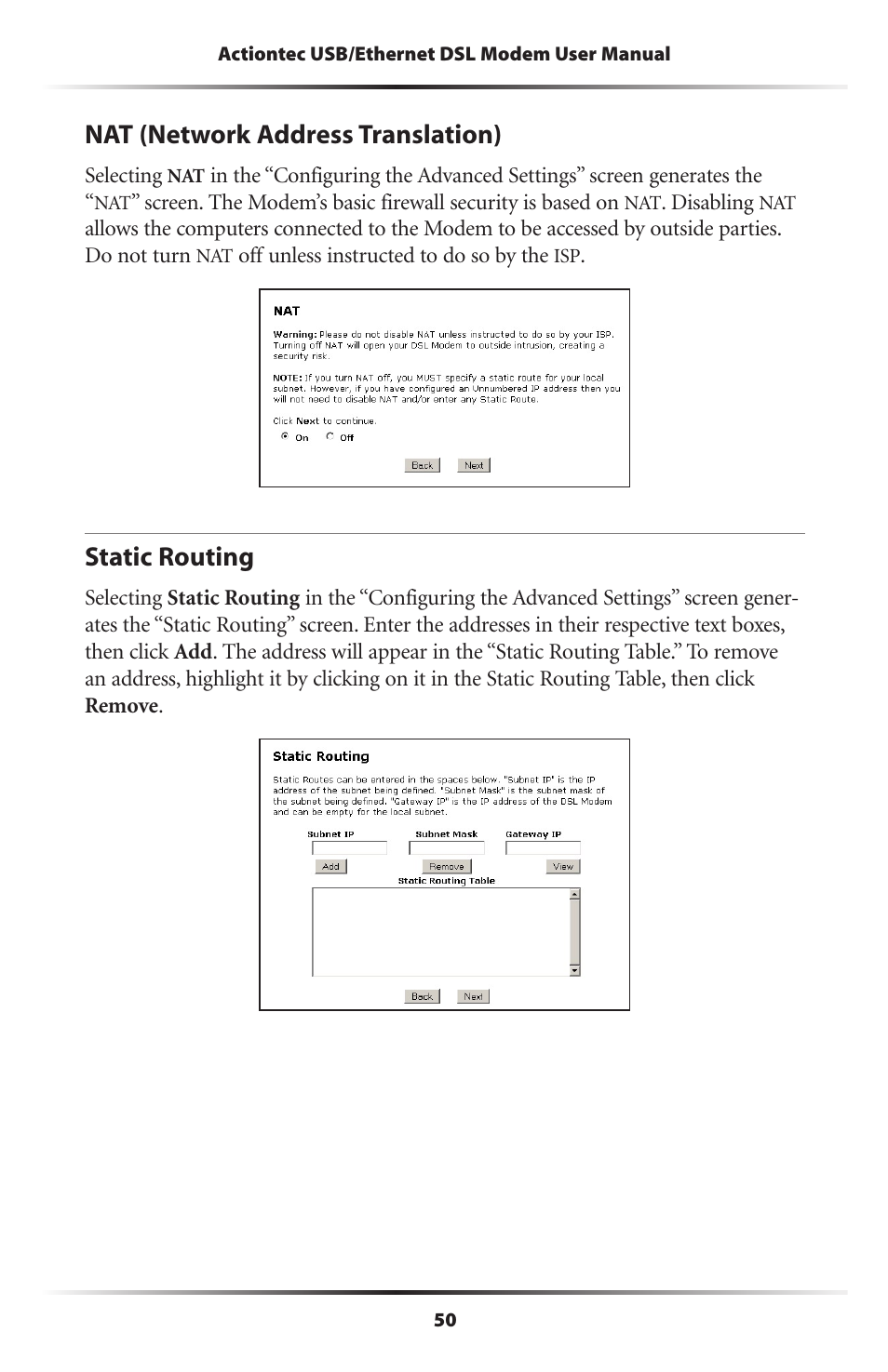 Nat (network address translation), Static routing, 50 static routing | Actiontec electronic GT701A User Manual | Page 53 / 119