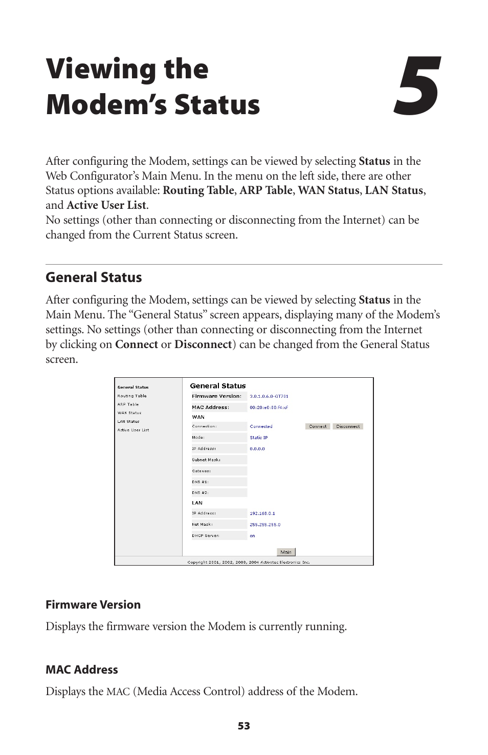 Viewing the modem’s status, General status | Actiontec electronic GT701A User Manual | Page 56 / 119